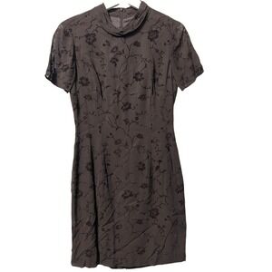 Siri Floral Sheer Mock Neck Glitter Velvet Dress in Chocolate Brown